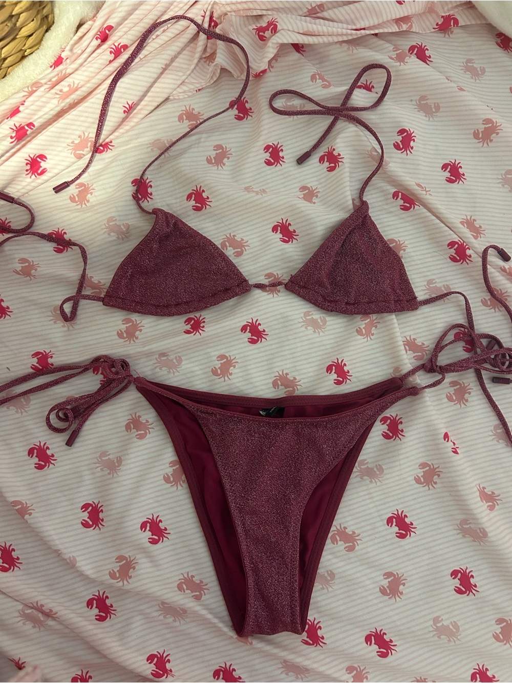 Shimmer Tie-Side Triangle Bikini in Deep Wine